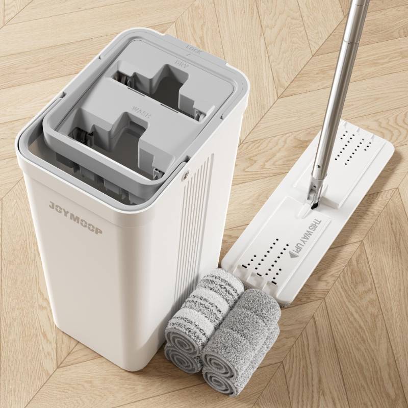 lot 11220 image: JOYMOOP Mop and Bucket Set with Wringer, Flat Mops for Floor Cleaning, Wall Mop Cleaner with Long Handle, Hardwood Floor Mop with 4 Microfiber Pads