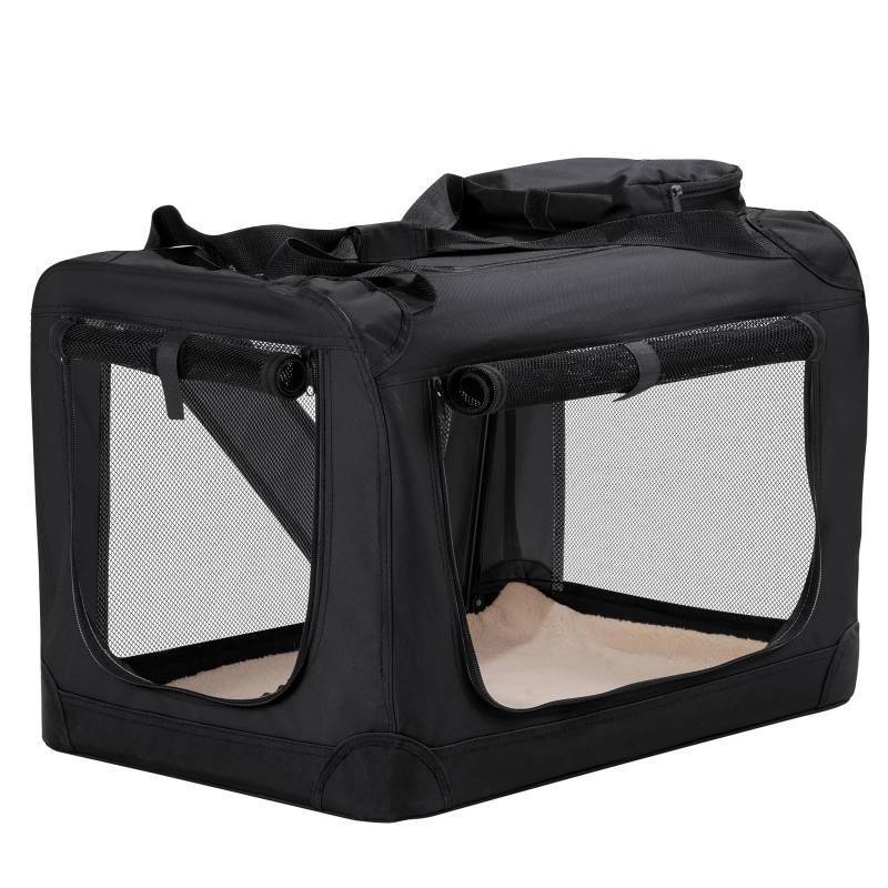 lot 11221 image: HICC PULE 28 Inch Dog Crate Ideal as Travel Dog Crate for MediumSmall Dogs, 3-Door Soft-Sided Pet Kennel for Indoor & Outdoor, Car Trip, Collapsible Portable Dog Crate, Black