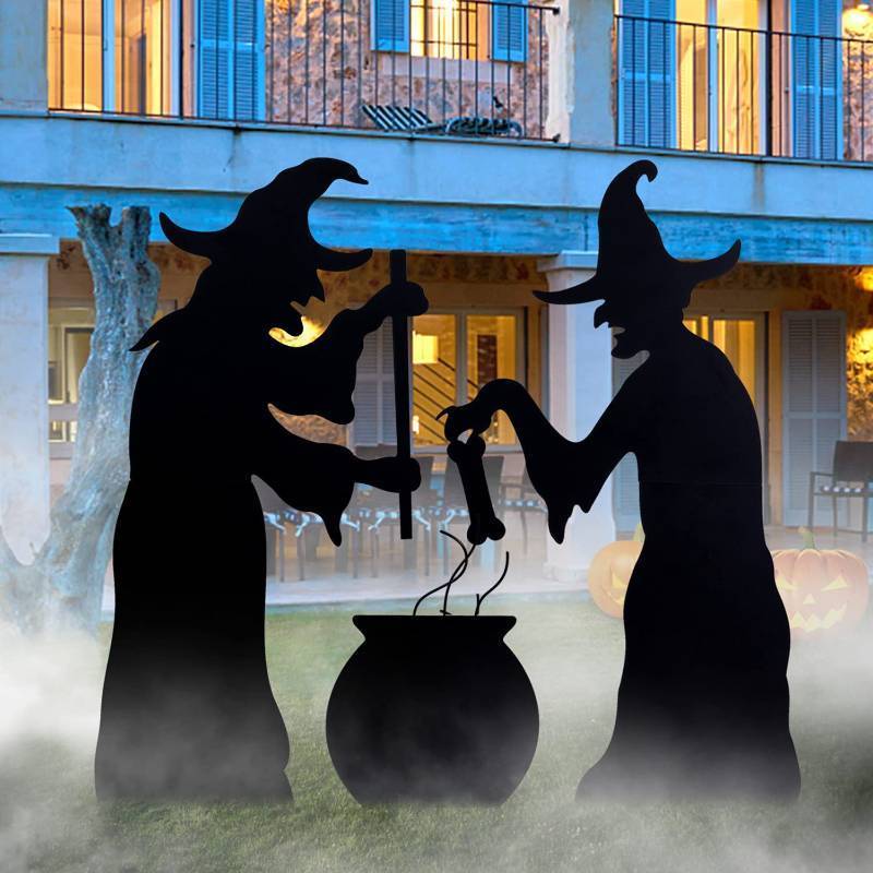 lot 11231 image: Wonderjune 35.4 in. Wood Lighted Halloween Yard Stakes With Cauldron, Set of 3 Scary Witch Silhouette Yard Decor for Outdoor Lawn Garden