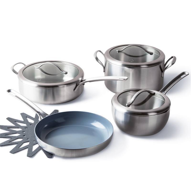 lot 11240 image: GreenPan X Food 52 Five-Two Essentials, Tri-Ply Stainless Steel 7 Piece Cookware Pots and Pans Set, Healthy Ceramic Nonstick Coating, PFAS-Free, Multi Clad, Induction, Dishwasher Safe