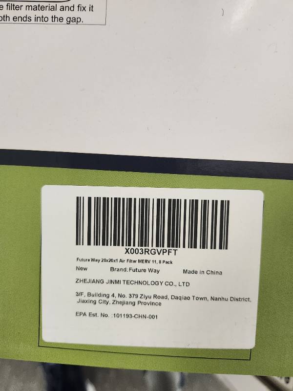 lot 11243 image: FUTURE WAY 20X20X1 AIR FILTER MERV 11 8 PACK