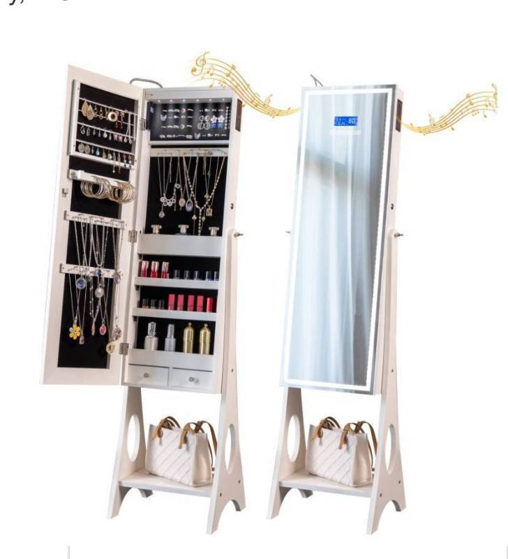 lot 11253 image: UPGRADED JEWELRY ARMOIR ORGANIZER WITH BLUETOOTH SPEAKER, STAND JEWELRY CABINET WITH LIGHTED FULL LENGTH MIRROR, STANDING JEWELRY ARMORIE WITH MAGNETIC LOCK, JEWELRY STORAGE MIRROR WHITE- Retail- $169.99