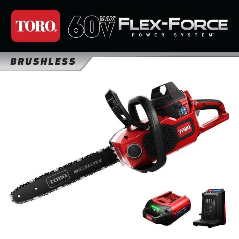 lot 11259 image: Toro-51850M 16in. Cordless Brushless Electric Chainsaw with 60V MAX Battery Power and Flex-Force Power System Kit - Retail $394