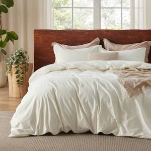lot 6266 image: Bedsure 100% Washed Cotton Duvet Cover Twin Size - Cream Minimalist Duvet Cover for All Seasons - 2 Pieces GentleSoft�� Plain Simple Cotton Bedding Set with 1 Pillow Sham (Cream, Twin, 68x90)