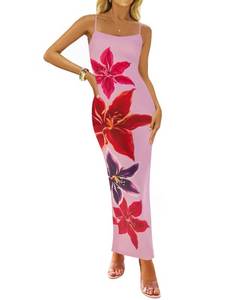 lot 6270 image: ZESICA Women��s Summer Bodycon Maxi Dresses 2025 Floral Spaghetti Strap Square Neck Sleeveless Boho Beach Long Dresses,Pink,Small