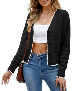 lot 6290 image: Manllenshie Womens Cropped Cardigan Long Sleeve V-Neck Button Down Cardigans Sweaters Open Front Knit Lightweight Outwear(Black,L)