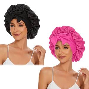 lot 6305 image: Srevela Satin Silk Bonnet Hair Bonnet for Sleeping Jumbo Sleep Cap, Black Bonnet for Women Curly Hair, Double Layer Bonnet with Tie Band Shower Cap