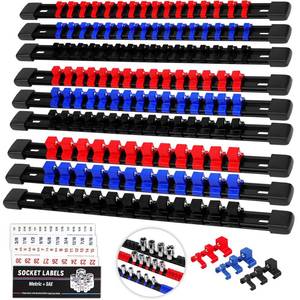 lot 6374 image: Socket Organizer Holder Tool Box 9-Piece Socket Holders 14 X 48 Clips 38 X 45 Clips 12 X 36 Clips Socket Rail Heavy Duty Holder w Socket Labels Socket Organizer for Tool Box Drawer(Red&Blue&Black)