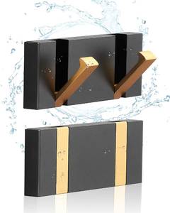 lot 6375 image: A2 Pack��Waterproof Black Gold Wall Hooks��Foldable Towel Hooks for Bathrooms��Coat Hooks Wall Mounted��Free Perforated��Modern Coat Hooks��Bathroom Towel Hooks��Towel Door Hooks��Also for Balcony��Kitchen.