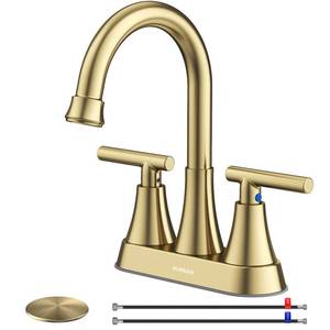 lot 9258 image: 4 inch Brushed Gold Bathroom Sink Faucet with Pop-up Drain and 2 Supply Hoses, Stainless Steel Lead-Free 2-Handle Centerset Faucet for Bathroom Sink Vanity RV