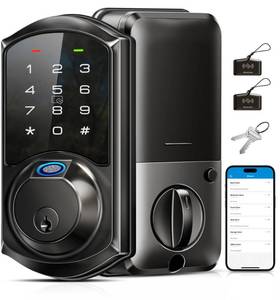 lot 9265 image: Veise VE07 Fingerprint Smart Lock for Front Door, 7-in-1 Keyless Entry Deadbolt with App Control, Electronic Digital Locks with Touchscreen Keypad, Auto Lock, Easy Install, Waterproof, Matte Black - Retail $127.61