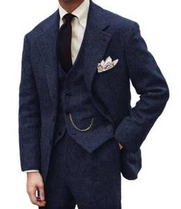 lot 9266 image: BONOW Retro Herringbone Tweed Suits for Men Slim Fit Mens 3 Pieces Bussiness Formal Suit Prom Tuxedo Suit Jacket Vest Pants Navy Blue XXL - Retail $91.8