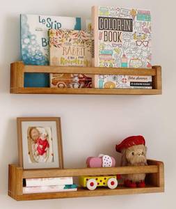 lot 9271 image: Heimlove Nursery Floating Shelves, Nursery Book Shelves for Wall, 16 inch Wall Bookshelf for Kids Solid Wood Wall Mounted Shelves for Books,Toys and Decor Storage, Set of 2