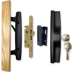 lot 9277 image: ALLYWASAI Patio Sliding Patio Door Handle Set with Mortise Lock, Key Cylinder and Keeper, Wood Handle Lock Set Fits Door Thickness from 1-12 to 1-34, 3-1516 Screw Hole Spacing, Keyed, Black