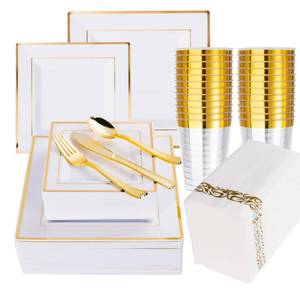 lot 9280 image: N9R 50 Guest Gold Dinnerware Set-100 White Square Plastic Plates with Gold Rim, 50 Plastic forks, 50 Spoons, 50 Knives, 50 Cups, 50 Napkins-Disposable Dinnerware Set for Mothers Day, Wedding