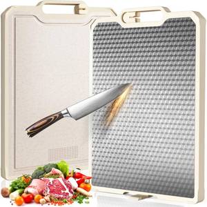 lot 9301 image: Double-Sided 304 Stainless Steel & Wheat Straw Cutting Board, 16.2 x 11, Scratch-Resistant Mesh Design Kitchen Chopping Board for Meat & Vegetables, Easy to Clean, Knife Sharpener, Juice Groove