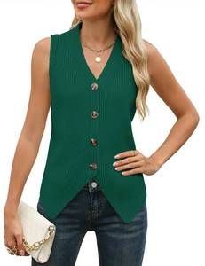 lot 10070 image: Rapbin Sweater Vest Women Green Sleeveless V Neck Button up Ribbed Top Dressy Casual��Green,Small��