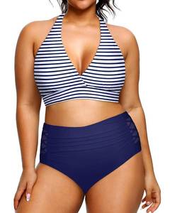 lot 10105 image: Yonique Womens Two Piece Plus Size Halter Bikini Swimsuits Tummy Control Bathing Suits High Waisted Swimwear Blue and Stripe 16W