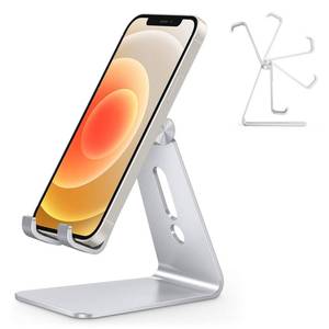 lot 10107 image: Adjustable Cell Phone Stand, OMOTON Aluminum Desktop Cellphone Stand with Anti-Slip Base and Convenient Charging Port, Fits All Smart Phones, Silver