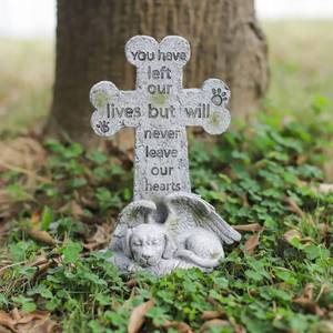 lot 1934 image: Floryden Memorial Statue - Sleeping Dog Angel Cross Tombstone, Grave Marker for Deceased Pet, Loss of Dog Memorial Sympathy Gift - Polyresin, Stone Finish, 8.27 Inch