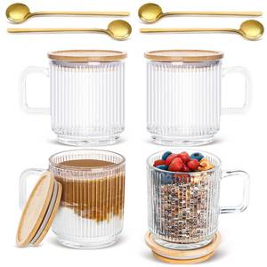 lot 1937 image: Set of 4 Glass Coffee Mugs with Bamboo Lids and Spoons, 12oz Vintage Coffee Mug, Ribbed Glassware for Latte, Tea, Cappuccino, Cute Coffee Bar Accessories Clear Glass Coffee Cups for HotCold Beverages