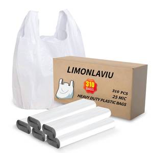 lot 1973 image: LimonLaviu Plastic Bags with Handles - 310 Count, 25 Mic1 Mil Strong White T Shirt Bags for Small Business, Restaurants - 11.5x 6.5 x 21