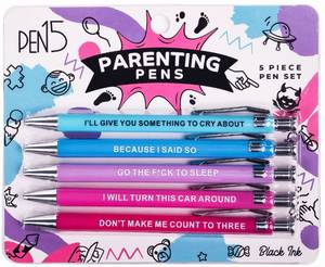 lot 2063 image: MilkToast Brands Parenting Pens - Funny Gag Gift Set for New Moms and Dads, Snarky Black Ballpoint Pens with Humorous Sayings, Ideal for Office, Baby Showers