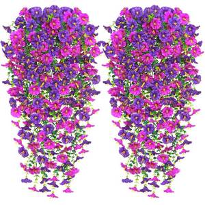 lot 2071 image: TOCHGREEN Artificial Fake Hanging Flowers Plants for Outdoor Decoration 2PCS Faux Silk Morning Glory Flowers UV Resistant Hanging Plants for Home Porch Patio Garden Decor (Purple Fuchsia, 2PCS)