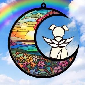 lot 2115 image: Reinforced Glass Dog Memorial Gifts for Loss of Dog-Pet Memorial Suncatcher White Angel Dog on Flower Moon Dog Beverage Suncatcher Ornaments Decor Window Wall Sympathy Gift for Dog Lover