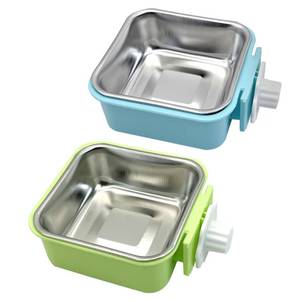 lot 2123 image: kathson Crate Dog Bowl, Removable Stainless Steel Hanging Pet Kennel Cage Bowl Food & Water Feeder Coop Cup for Puppy, Cat, Rabbit,Guinea Pigs 2pcs Square(Blue,Green)