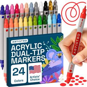 lot 2150 image: ARTISTRO 24 Dual Tip Acrylic Paint Markers, Acrylic Paint Pens, Fabric Markers for Textile, Rock, Glass, Wood, Paper, Ceramic, Canvas DIY Art Supplies Kit for Kids and Adults (Dual Tip Dot  Fine, 24)