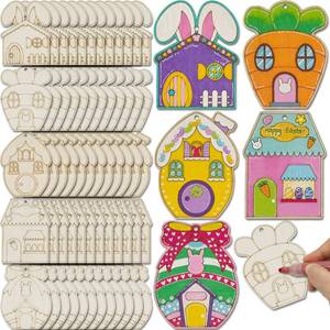 lot 2185 image: Generic 50 Sets Easter House Craft Unfinished Wooden Bunny Ornaments DIY Egg Carrot Blank Cutout Painting Hanging Slices for Kid Easter Tree Party Home Classroom Decor