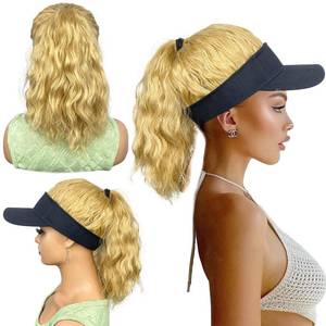 lot 2190 image: VAVANGA Short Hat Wig, Black Baseball Cap with Blonde Wavy Hair Attached Adjustable Curly Hair Piece Baseball Hat Ponytail Wig for Women(#27613)