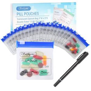 lot 2193 image: Serfeymi 32 Pcs Zippered Pill Pouches Organizer Plastic Bags 3 X 3 Inches 12 mil Self Sealing with Slide Lock Writable Label Translucent Travel Medicine Storage Bag Case and 1 Pc Marker-Blue