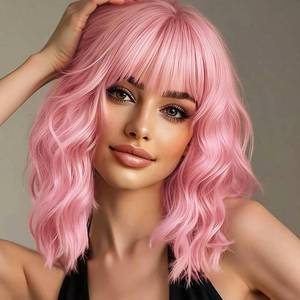 lot 2211 image: Miuric Light Pink Wig for Women Short Pastel Wavy Wigs Curly Bob Wigs with Bangs Shoulder Length Colorful Synthetic Wigs for Cosplay Costume Party Daily Use(14 Inches)