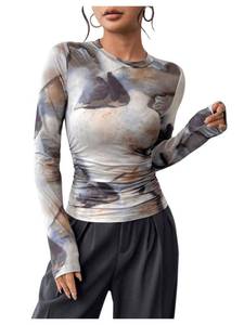 lot 2215 image: Milumia Womens Tie Dye Mesh Ruched Long Sleeve T-Shirts Mock Neck Fitted Tee Tops Dark Grey Medium
