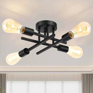 lot 5902 image: Ceiling Light, Dining Room Light Fixture with E26 Base, Semi Flush Mount Ceiling Light Fixture, Kitchen Lighting Fixtures Ceiling, 4-Light Matte Black Chandelier for Bedroom