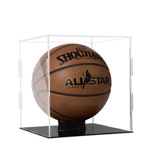 lot 5910 image: Basketball Display Case Clear Acrylic Glass Cube Assemble Countertop Box Soccer Frame with Sports Protection with Black Stand Holder