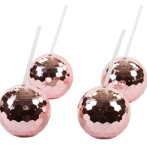 lot 5917 image: Andaz Press 1970s Disco Ball Cups 19 oz Drink Tumbler with Straw, Rose Gold Pink Champagne Copper, 4-Pack for Graduation Anniversary Bachelorette Party Disco Cups For Party Valentines Day Cup