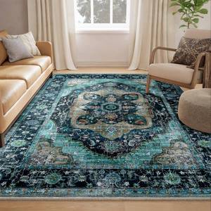 lot 5918 image: RELEANY 5x7 Area Rug Vintage Machine Washable Low Pile Carpet No Shedding Area Rugs for Living Room Bedroom Dining Room Kitchen Entryway Hallway Office Indoor-Teal Dark Green