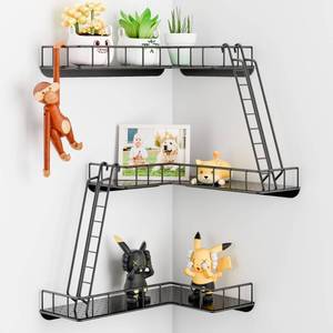 lot 5923 image: WOPITMER Fire Escape Wall Shelf - Modern City Style 3-Tier Corner Wall Shelves, Easy to Install Metal Ladder Shelf for Figures, New York Decorative Shelves for Bathroom, Living Room & Home Decor,Black