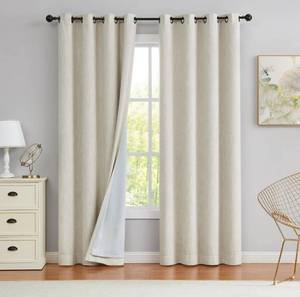 lot 5932 image: Beige Full Blackout Curtain Panel Thermal Insulated Energy Efficient Window Treatment for Bedroom Heavy Linen Texture Solid Drapes 8 Grommets Top for Living Room with Liner, Beige, 50x102x2