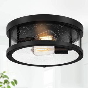 lot 5937 image: Black Flush Mount Ceiling Light Fixture, Farmhouse Light Fixture with Seeded Glass Lampshade, 2-Light Industrial Close to Ceiling Lighting for Hallway, Kitchen, Entryway, Foyer(Bulb Not Included)