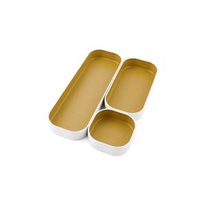 lot 10181 image: Three by Three Seattle 3 Piece Shallow Metal Organizer Tray Set for Storing Makeup, Stationery, Utensils, and More in Office Desk, Kitchen and Bathroom Drawers (1 Inch, Gold and White)