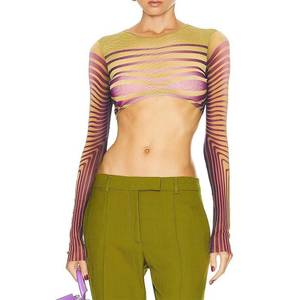 lot 10198 image: 2XL - Women Mesh Printed Crop Top Long-Sleeved Slim See Through Shirt Modern Punk Street Sexy Tops