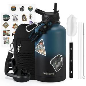 lot 11739 image: WixByti 64 oz Insulated Water Bottle with Straw (Cold for 48 Hrs), Half Gallon Stainless Steel Triple Wall Vacuum Sports Water Jug, Leakproof Hydro Cup Flask with Straw Spout Lids & DIY Stickers