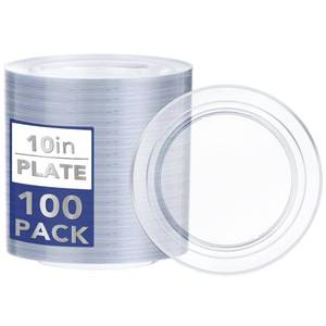lot 11746 image: I00000 100PCS Clear Silver Plastic Plates, Clear Plates with Silver Rim, 10 Inch Dinner Plates Premium Party Supply for Wedding Birthdays Party