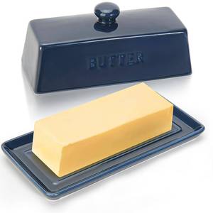 lot 11749 image: Butter Dish With Lid, WERTIOO Porcelain Butter Keeper With Handle Cover French Butter Dish Ceramic Butter Holder Container for Countertop, Dark Blue
