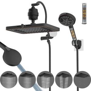 lot 11775 image: Hibbent 5-spray 13 Dual Filtered Rainfall Shower Head Combo, High Pressure 10-setting Handheld Shower Head with 12 Adjustable Extension Arm, 20 Stage Shower Filter, 71 Hose, Oil Rubbed Bronze - Retail $119.24