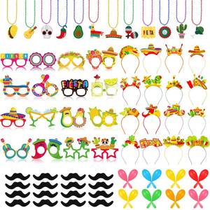 lot 11777 image: Capoda 80 Pcs Fiesta Party Decorations Sombrero Headband Cinco de Mayo Fiesta Necklaces Bead Mexican Theme Paper Glasses Plastic Maracas Beards For Mexican Carnival Costume Decor